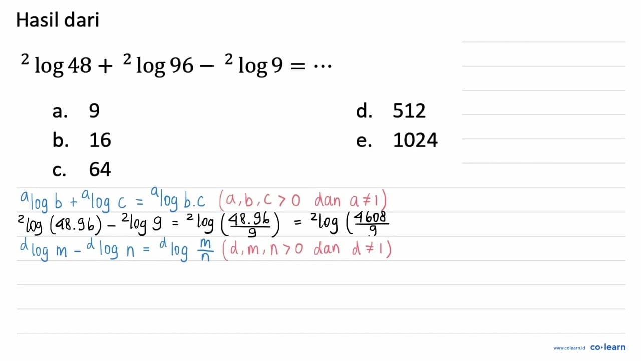Hasil dari 2log48 + 2log96 - 2log9=...