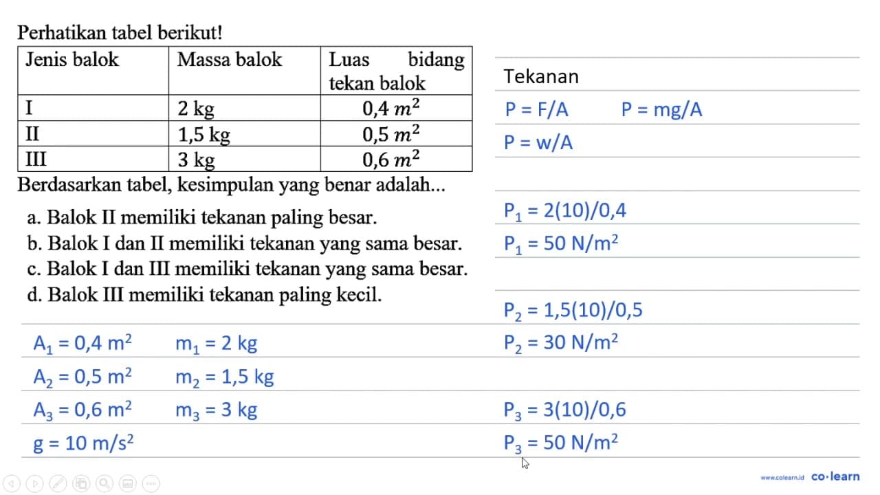 Perhatikan tabel berikut! Jenis balok Massa balok Luas