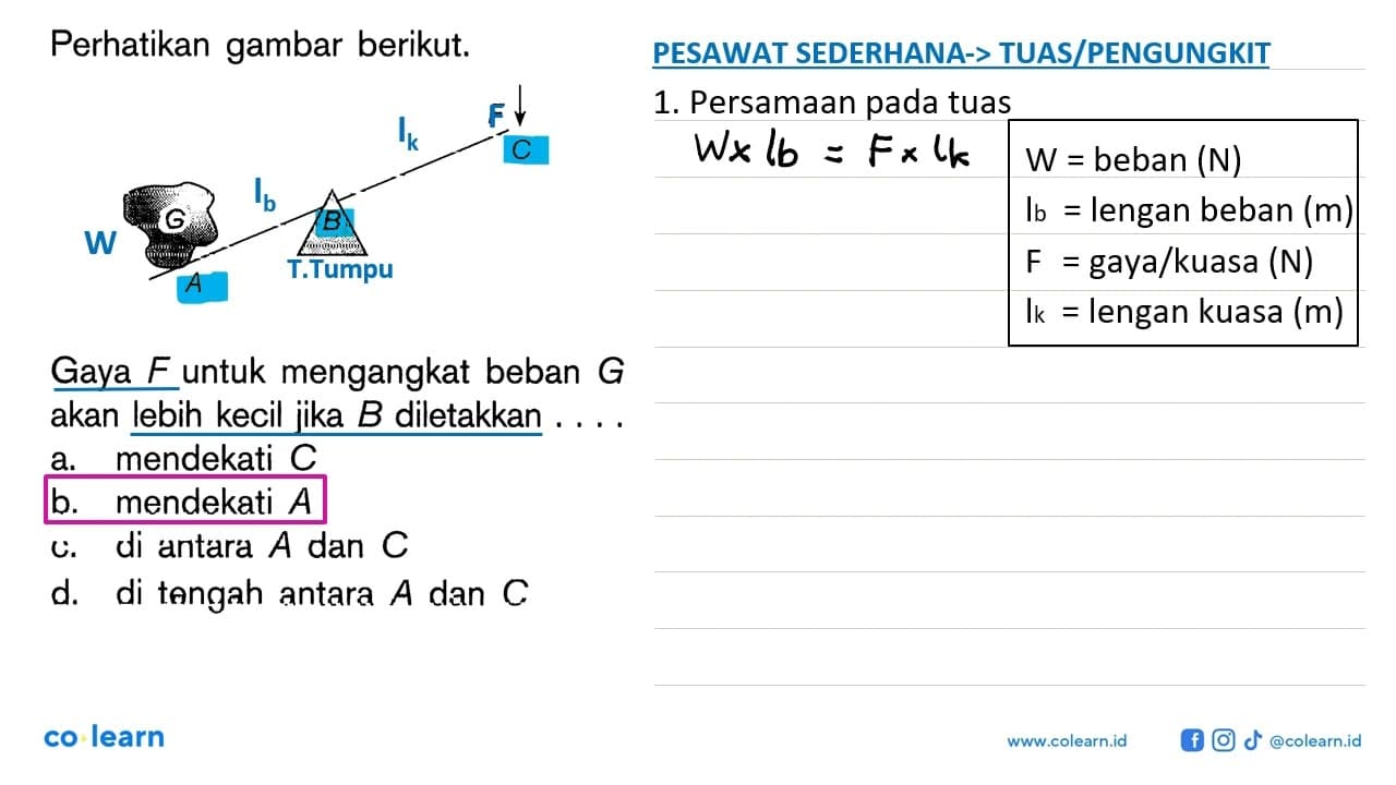 Perhatikan gambar berikut. Gaya F untuk mengangkat beban G