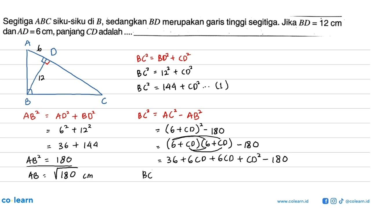 Segitiga ABC siku-siku di B, sedangkan BD merupakan garis