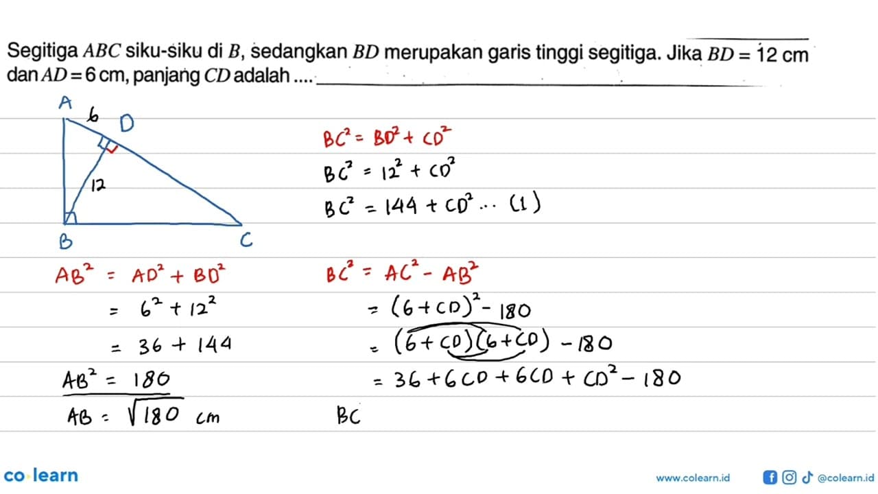 Segitiga ABC siku-siku di B, sedangkan BD merupakan garis