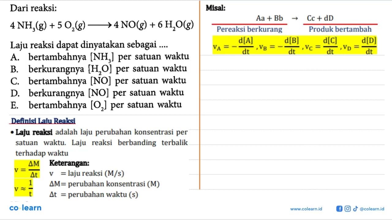 Dari reaksi:4 NH3(g)+5 O2(g)->4 NO(g)+6 H2O(g) Laju reaksi