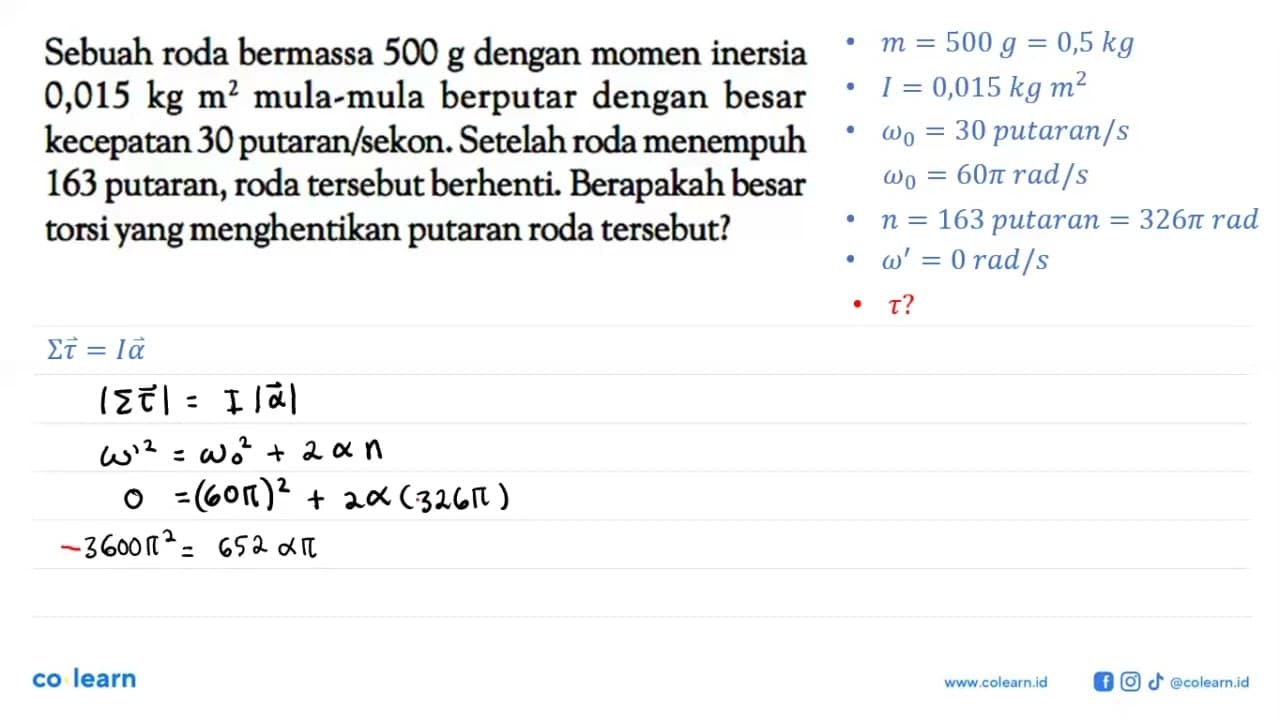 Sebuah roda bermassa 500 g dengan momen inersia 0,015 kg