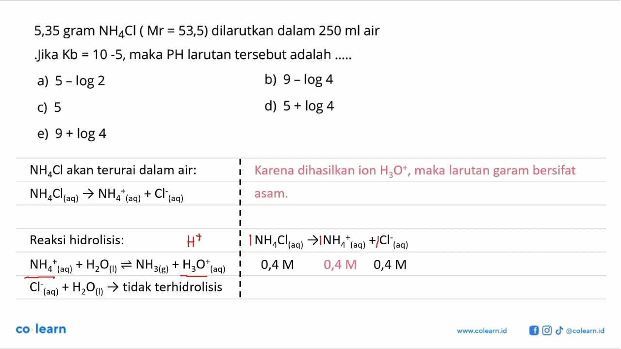 5,35 gram NH4Cl(Mr=53,5) dilarutkan dalam 250 ml air. Jika