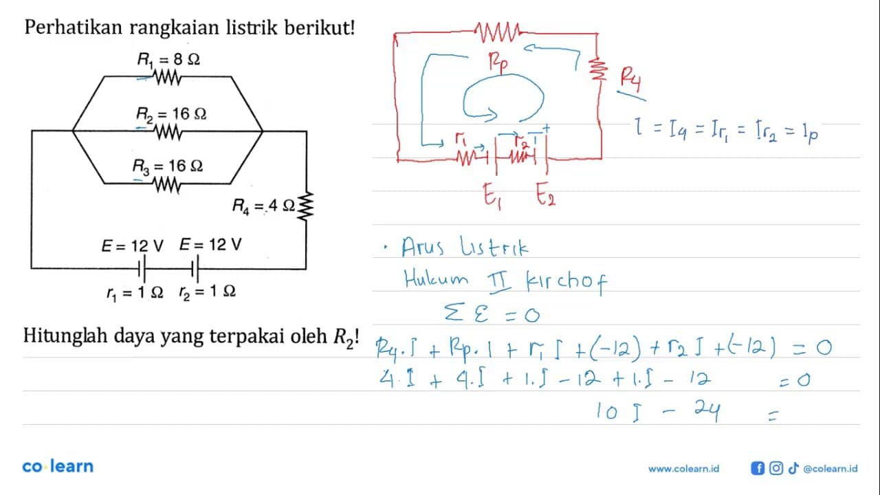 Perhatikan rangkaian listrik berikut! R1 = 8 Ohm R2 = 16