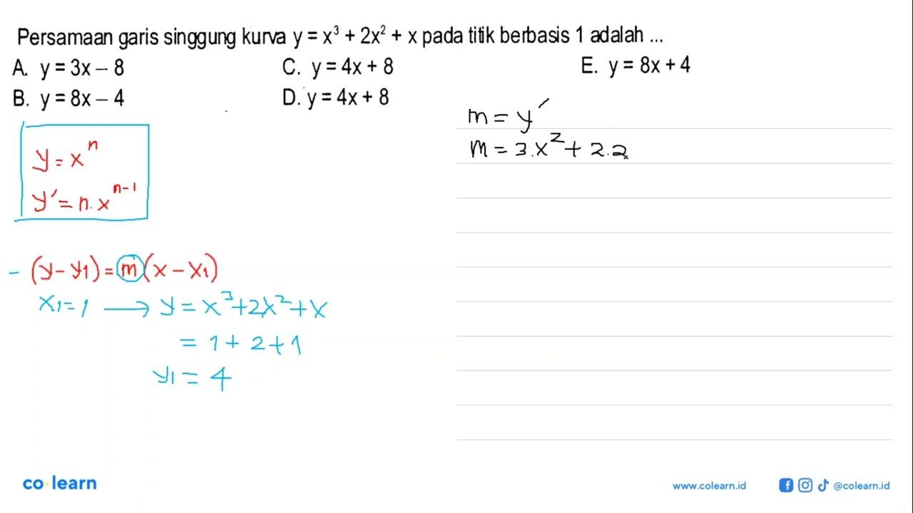 Persamaan garis singgung kurva y=x^3+2x^2+x pada titk