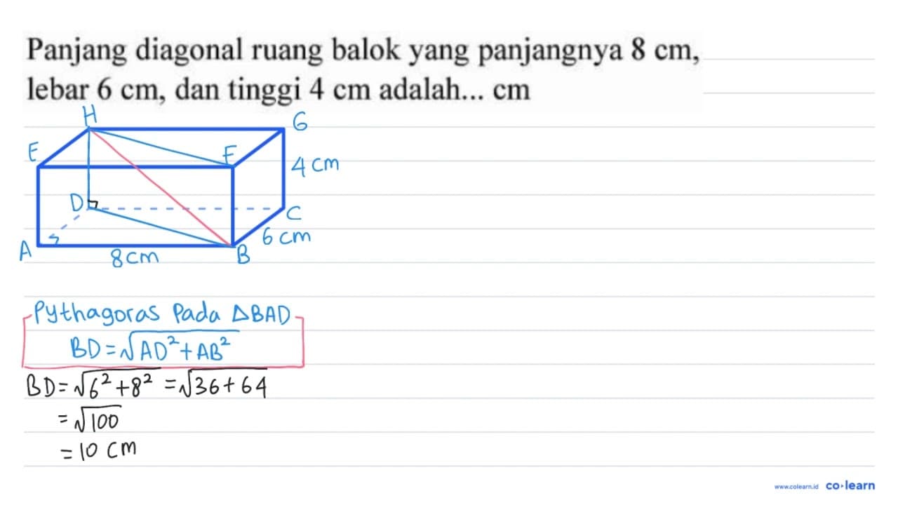 Panjang diagonal ruang balok yang panjangnya 8 cm , lebar 6