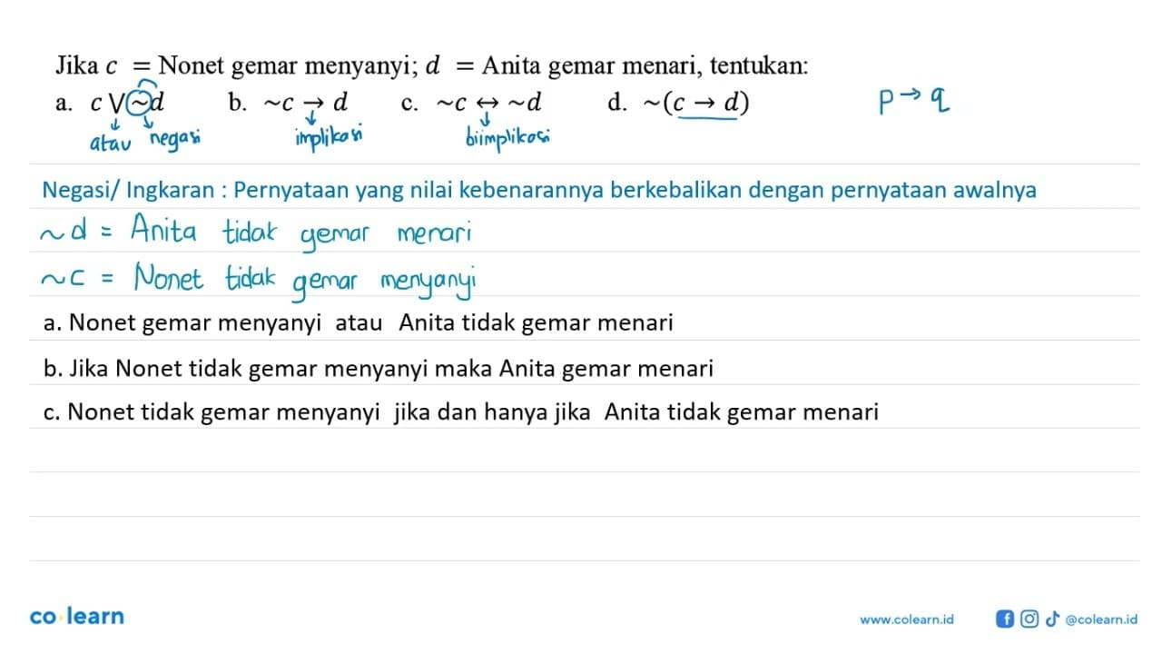 Jika c = Nonet gemar menyanyi; d = Anita gemar menari,