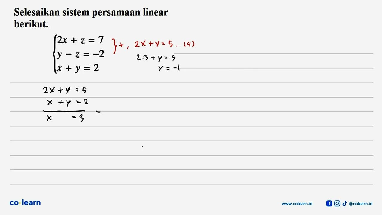 Selesaikan sistem persamaan linear berikut. 2x+z=7 y-z=-2