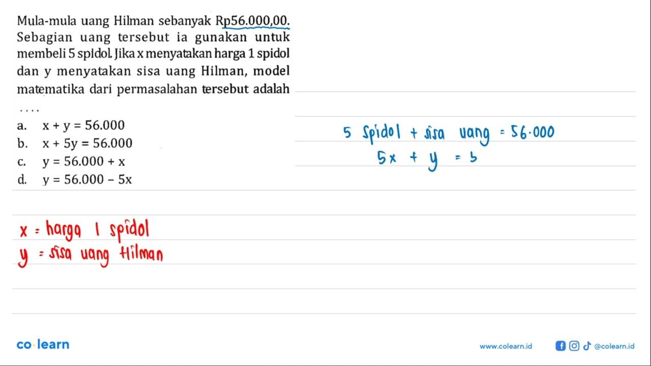 Mula-mula uang Hilman sebanyak Rp56.000,00. Sebagian uang