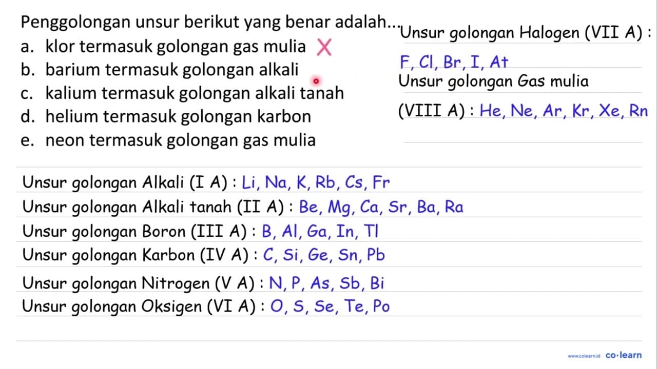 Penggolongan unsur berikut yang benar adalah...