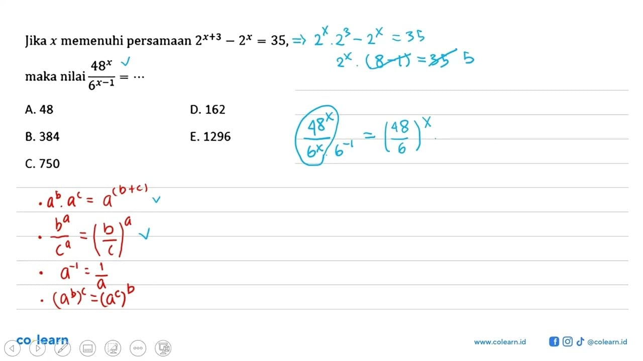 Jika x memenuhi persamaan 2^(x+3)-2^x=35, maka nilai