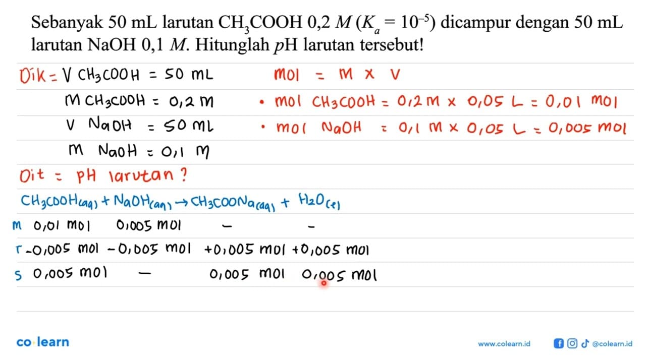 Sebanyak 50 mL larutan CH3COOH 0,2 M(Ka=10^-5) dicampur