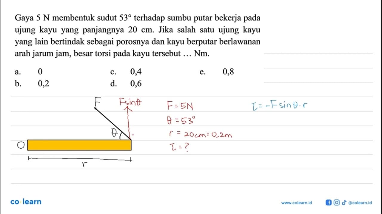 Gaya 5 N membentuk sudut 53 terhadap sumbu putar bekerja