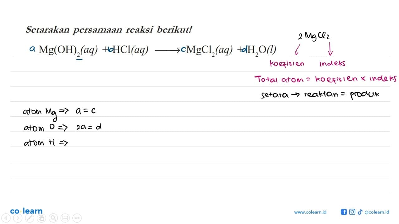 Setarakan persamaan reaksi berikut!Mg(OH)2 (aq) + HCl (aq)