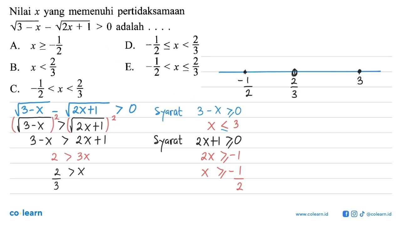 Nilai x yang memenuhi pertidaksamaan akar(3-x)-akar(2x+1)>0