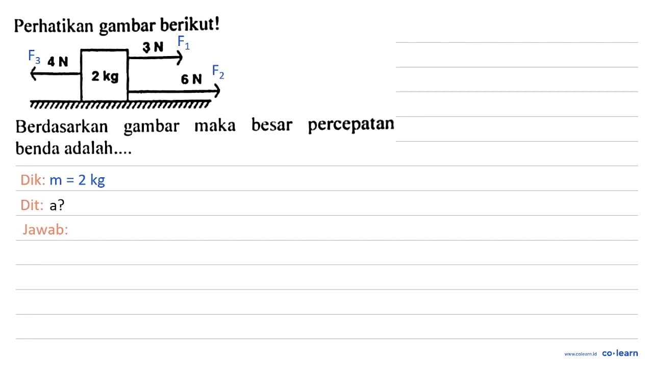 Perhatikan gambar berikut! 4 N 2 kg 3 N 6 N Berdasarkan