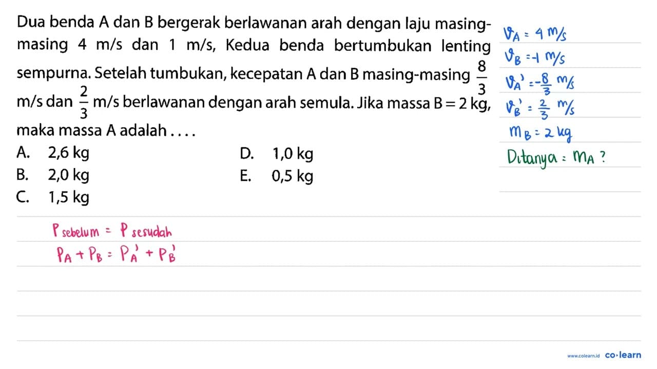 Dua benda A dan B bergerak berlawanan arah dengan laju