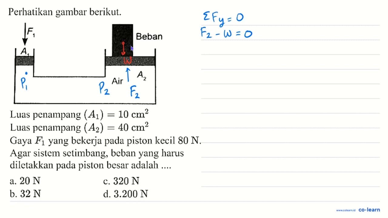 Perhatikan gambar berikut. F1 A1 Beban Air A2 Luas