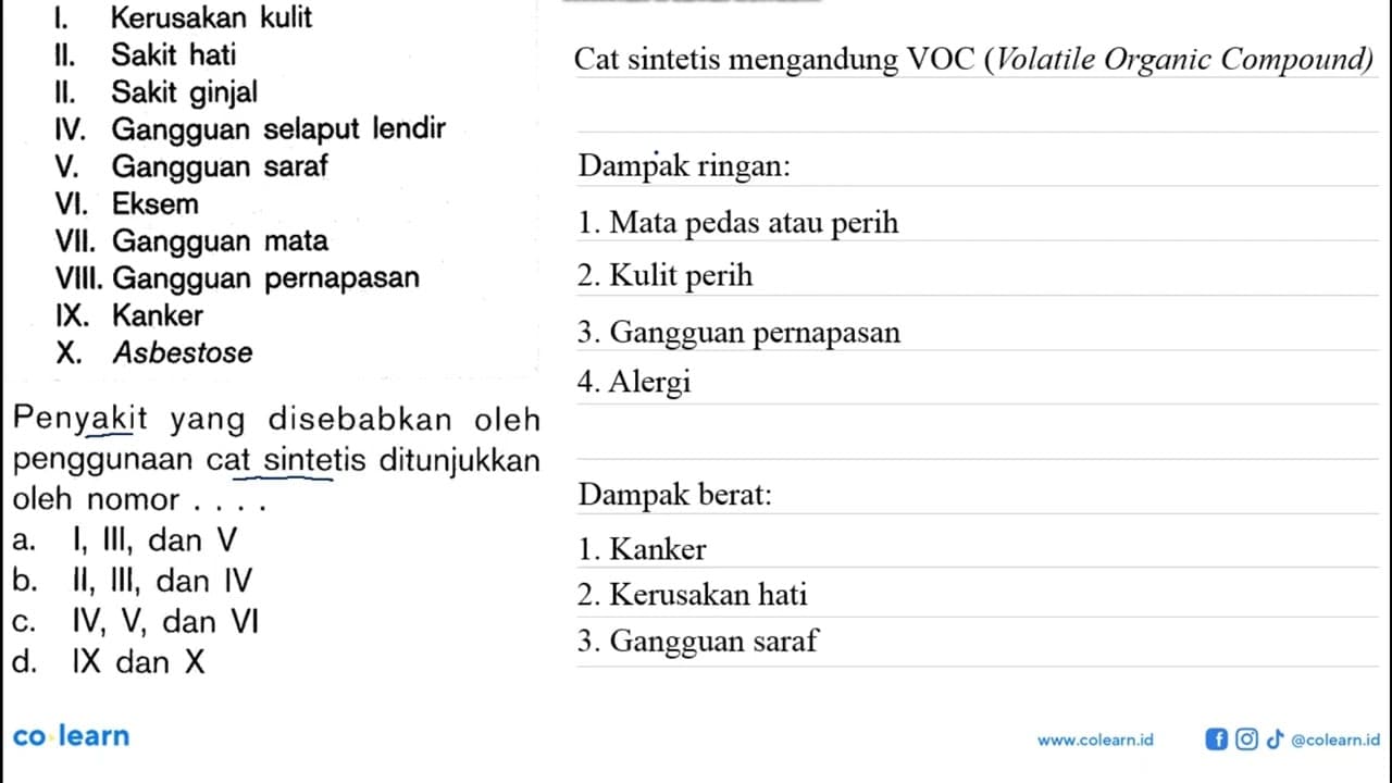 I. Kerusakan kulitII. Sakit hatiII. Sakit ginjalIV.