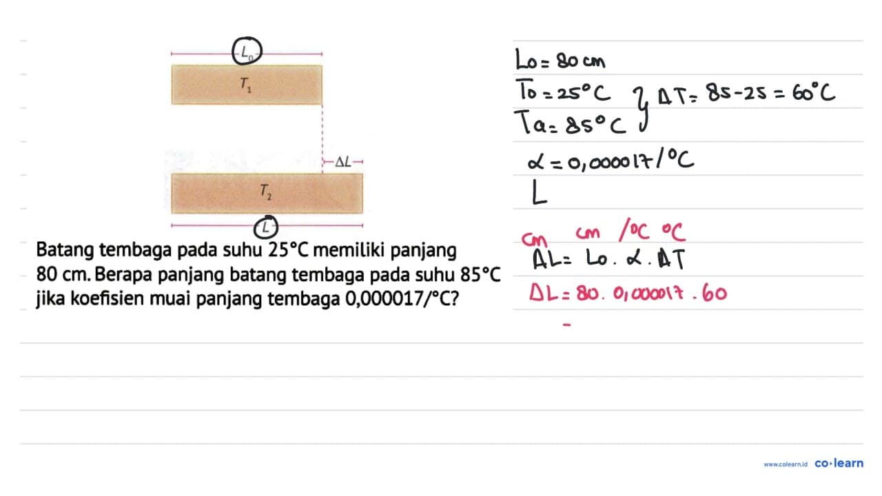 Batang tembaga pada suhu 25 C memiliki panjang 80 cm .