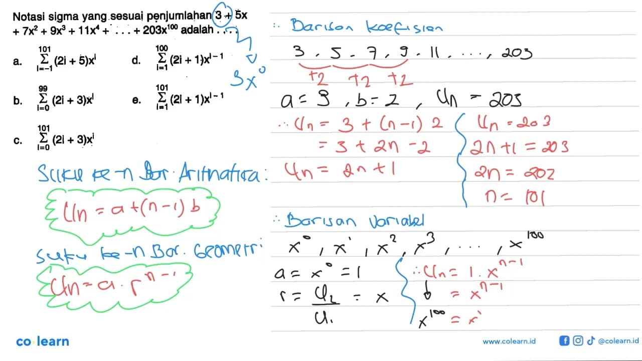 Notasi sigma yang sesuai penjumlahan 3+5x+7x^2+9x^3+11x^4+