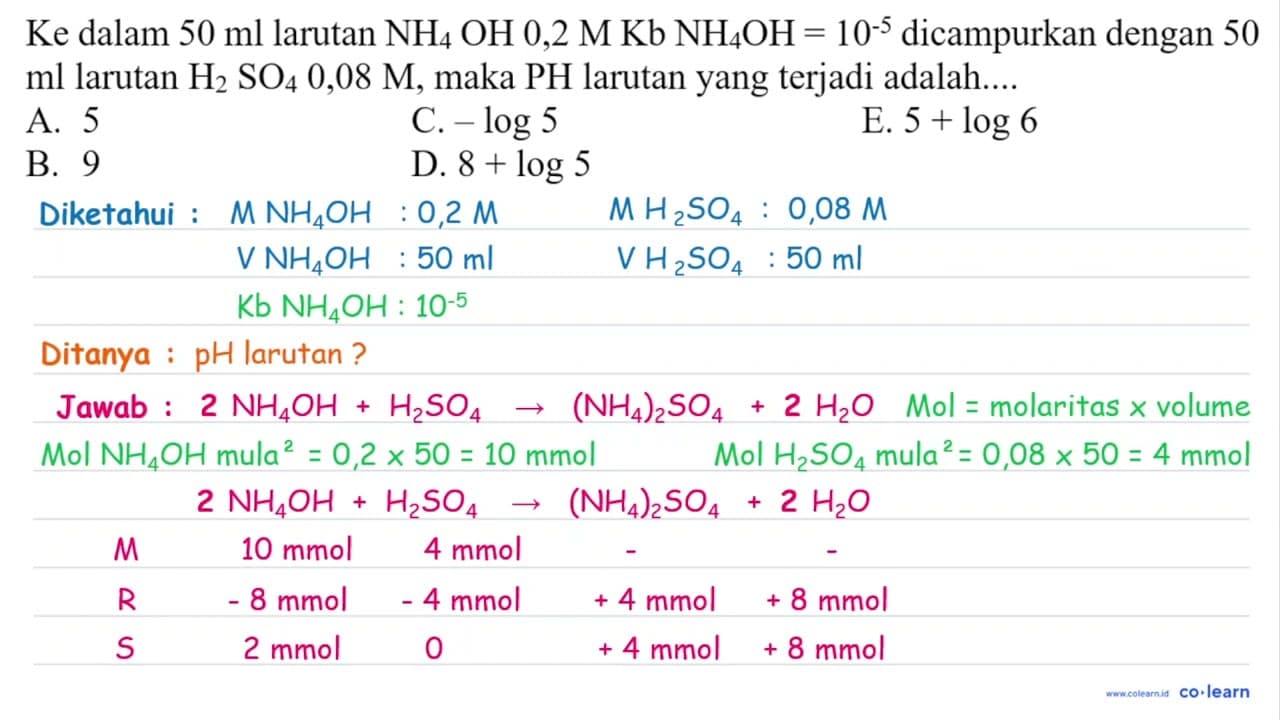 Ke dalam 50 ml larutan NH4 OH 0,2 M Kb NH4 OH=10^-5