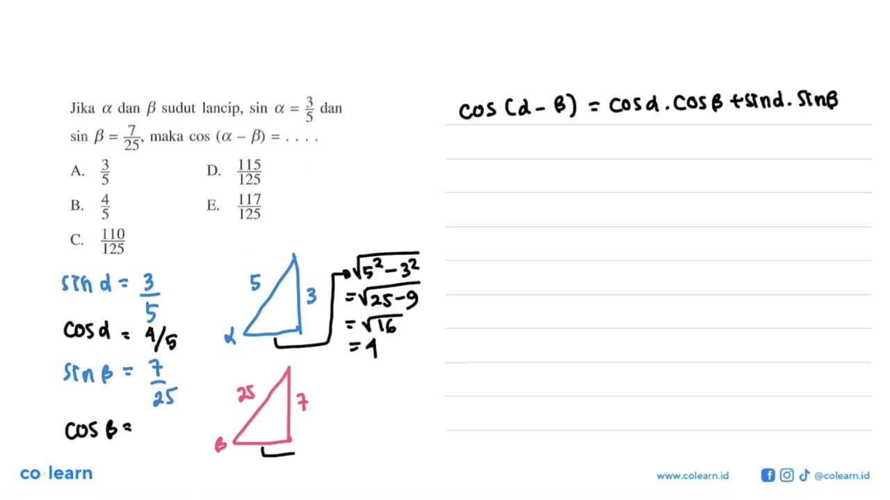 Jika alpha dan beta sudut lancip, sin alpha=3/5 dan sin