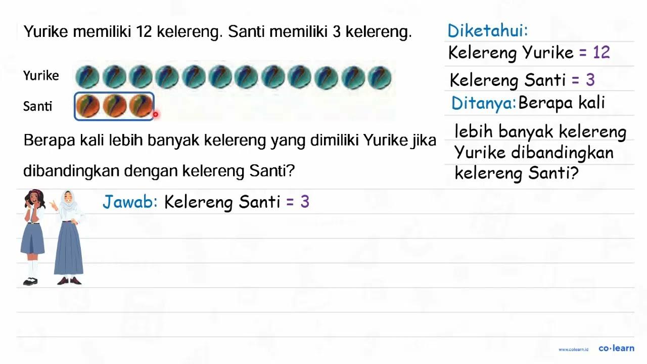 Yurike memiliki 12 kelereng. Santi memiliki 3 kelereng.