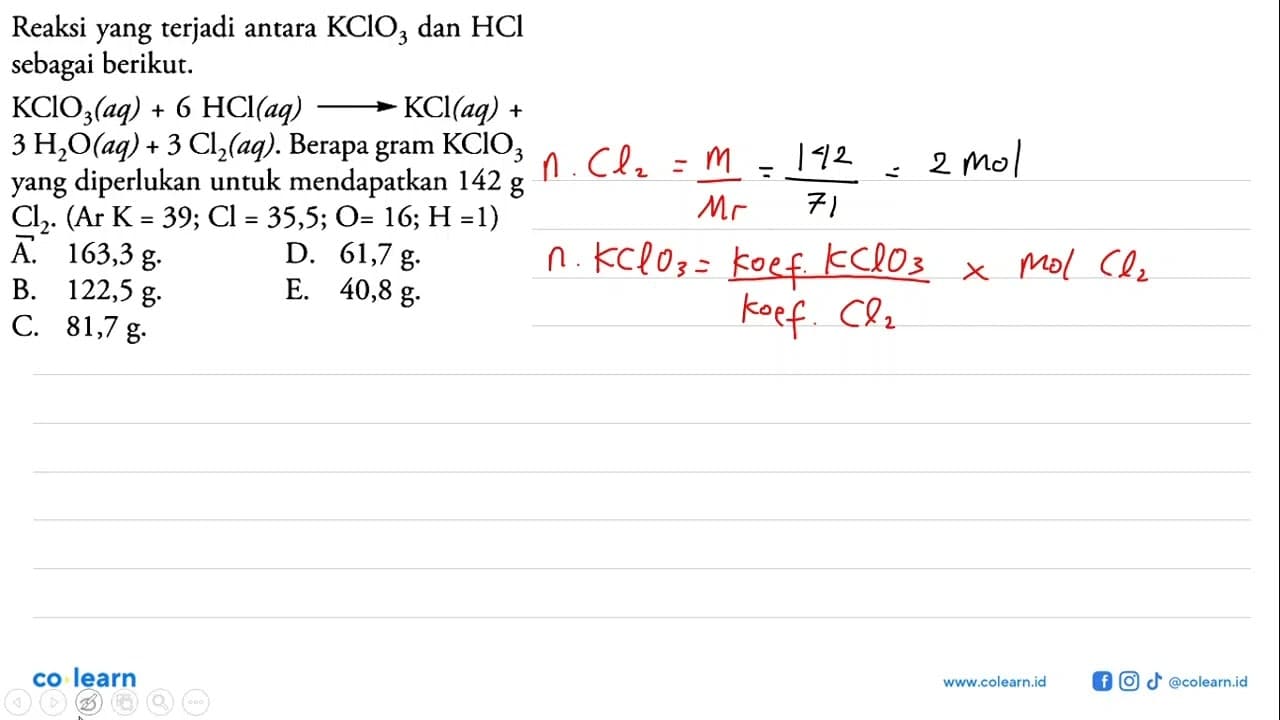 Reaksi yang terjadi antara KClO3 dan HCl sebagai berikut.