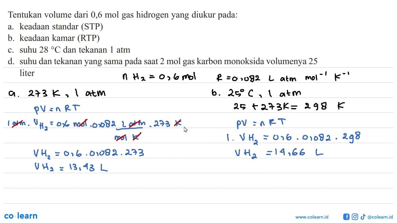 Tentukan volume dari 0,6 mol gas hidrogen yang diukur