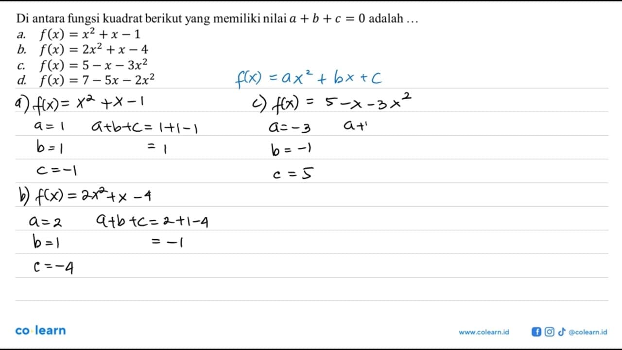 Di antara fungsi kuadrat berikut yang memiliki nilai a + b