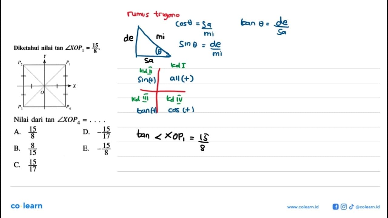 Diketahui nilai tan sudut XOP1=15/8.Nilai dari tan sudut