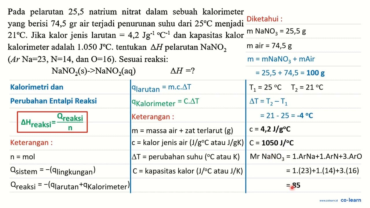 Pada pelarutan 25,5 natrium nitrat dalam sebuah kalorimeter