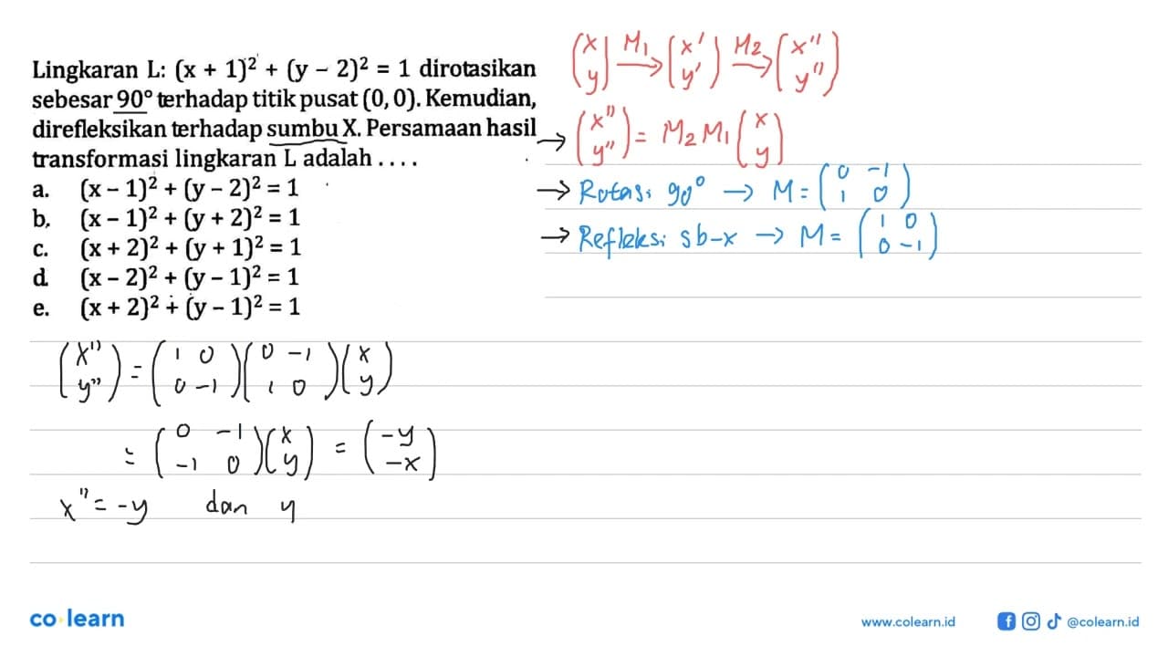 Lingkaran L: (x + 1)^2+(y-2)^2 = 1 dirotasikan sebesar 90