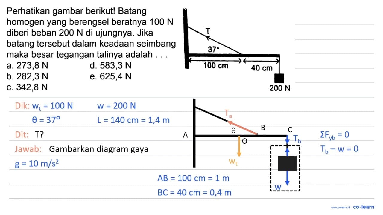 Perhatikan gambar berikut! Batang homogen yang berengsel