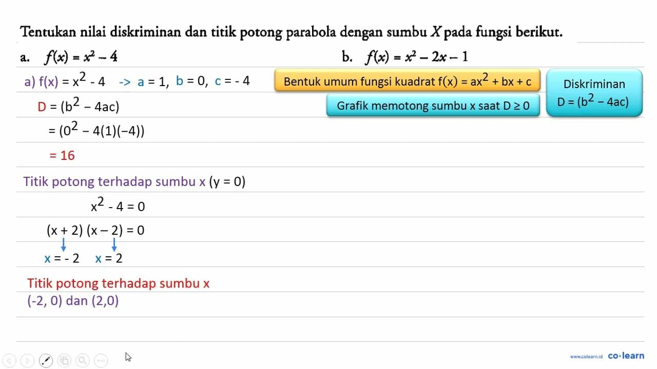 Tentukan nilai diskriminan dan titik potong parabola dengan