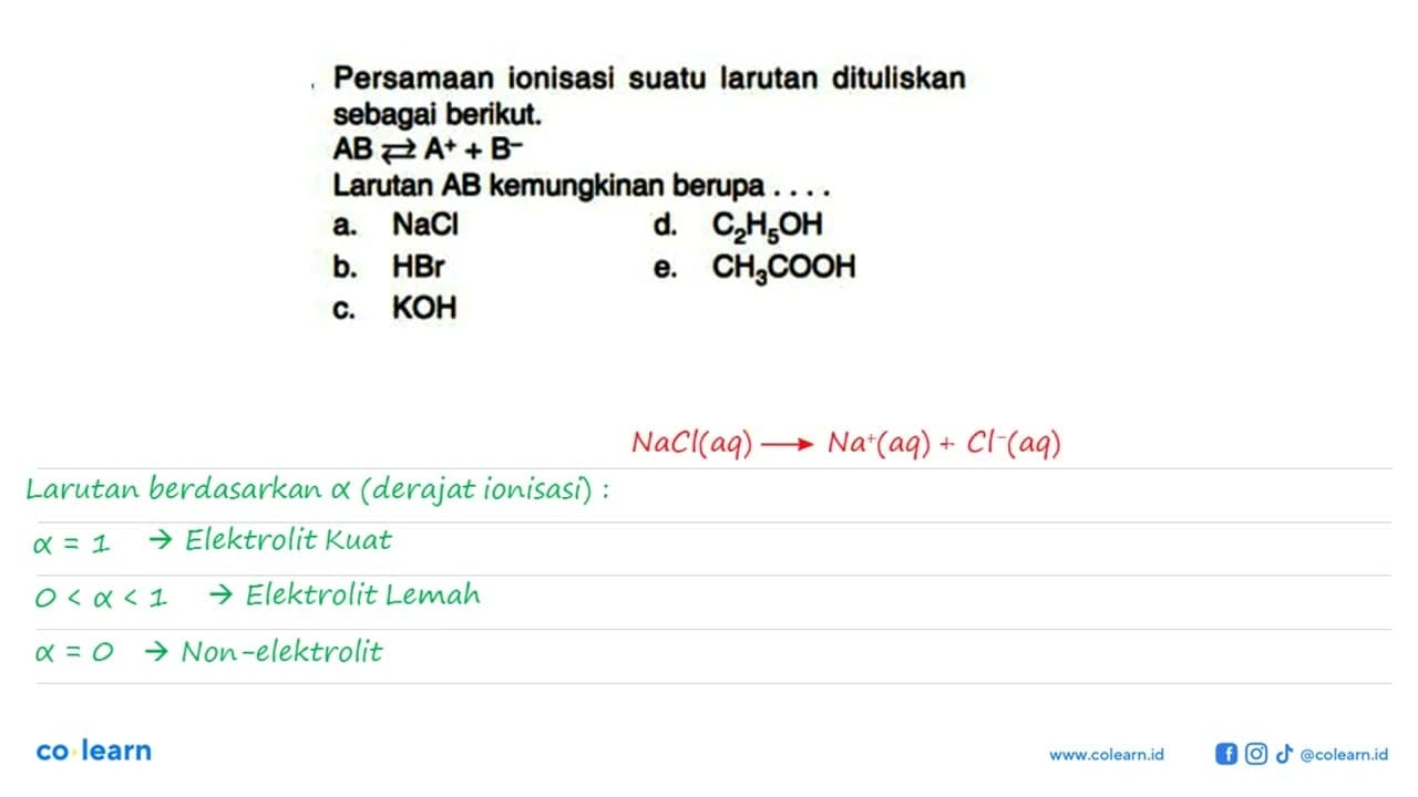 Persamaan ionisasi suatu larutan dituliskan sebagai