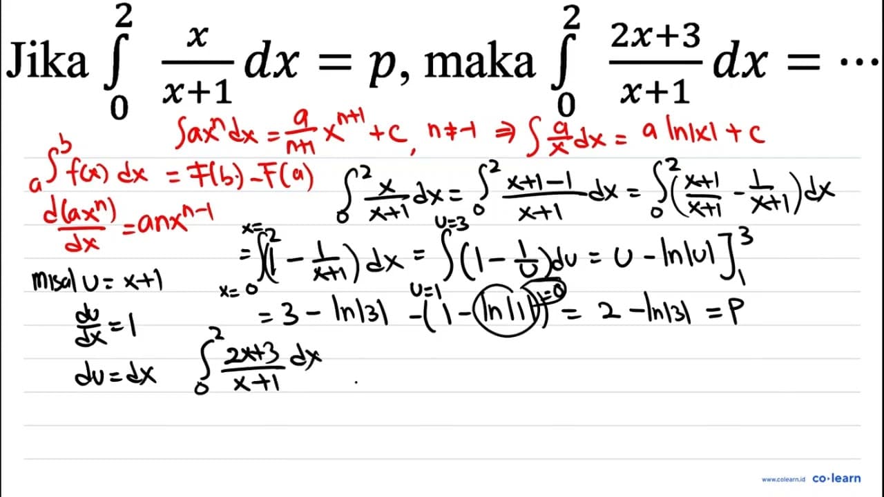 Jika integral dari 0 1 x/(x+1) dx=p , maka integral dari 0