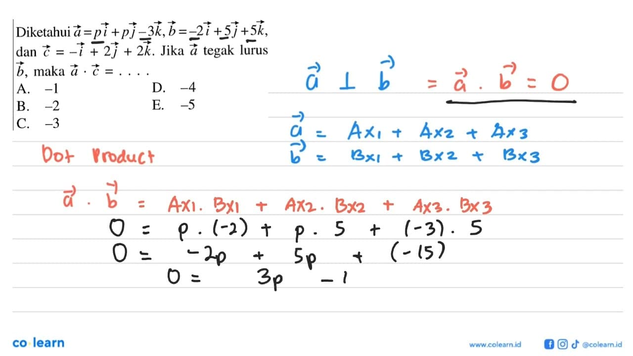 Diketahui a=p i+p j-3 k, b=-2 i+5 j+5 k dan c=-i+2j+2k .