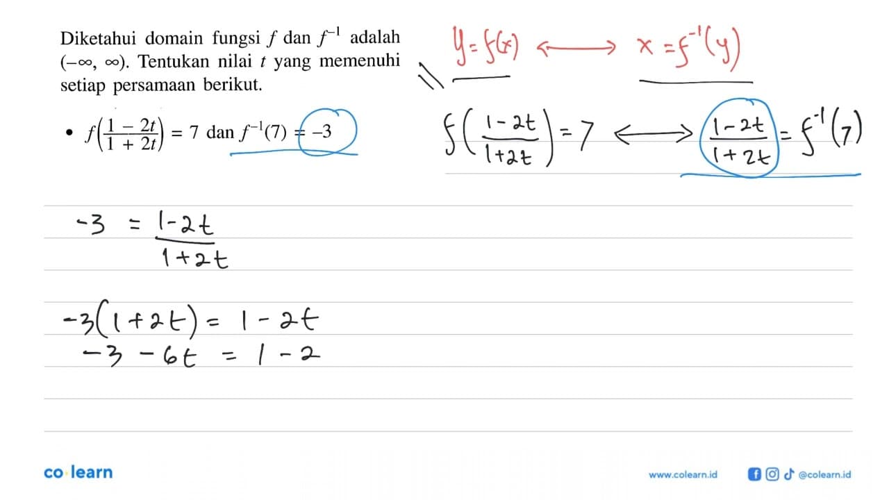 Diketahui domain fungsi f dan f^(-1) adalah (-tak hingga,