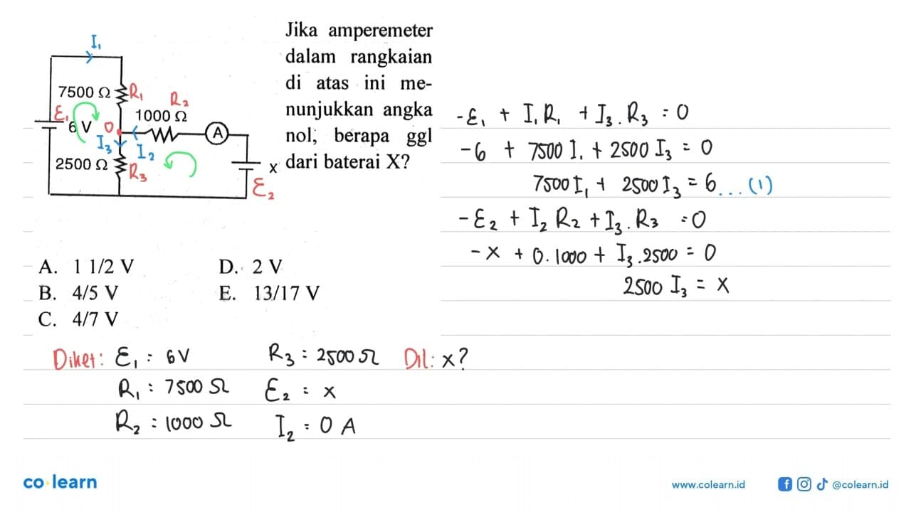 7500 Ohm 6 V 1000 Ohm A 2500 Ohm X Jika amperemeter dalam