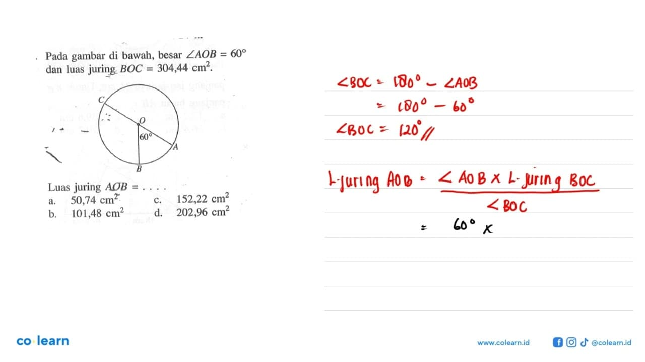 Pada gambar di bawah, besar sudut AOB=60 dan luas juring