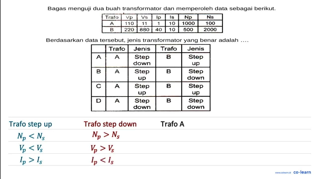 Bagas menguji dua buah transformator dan memperoleh data