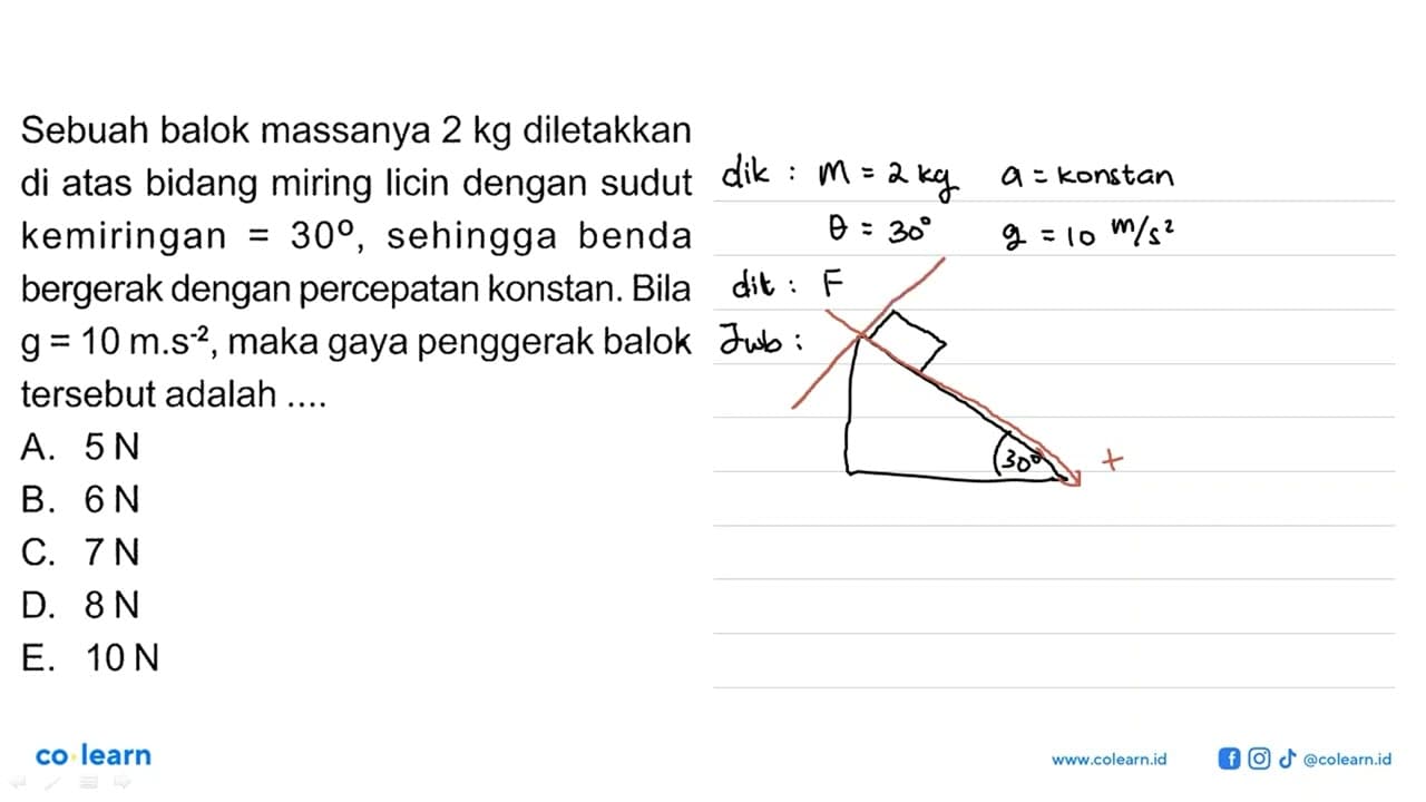 Sebuah balok massanya 2 kg diletakkan di atas bidang miring