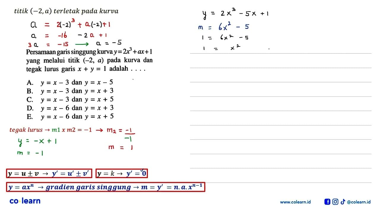 Persamaan singgung kurva y=2x^3+ax+1 garis yang melalui