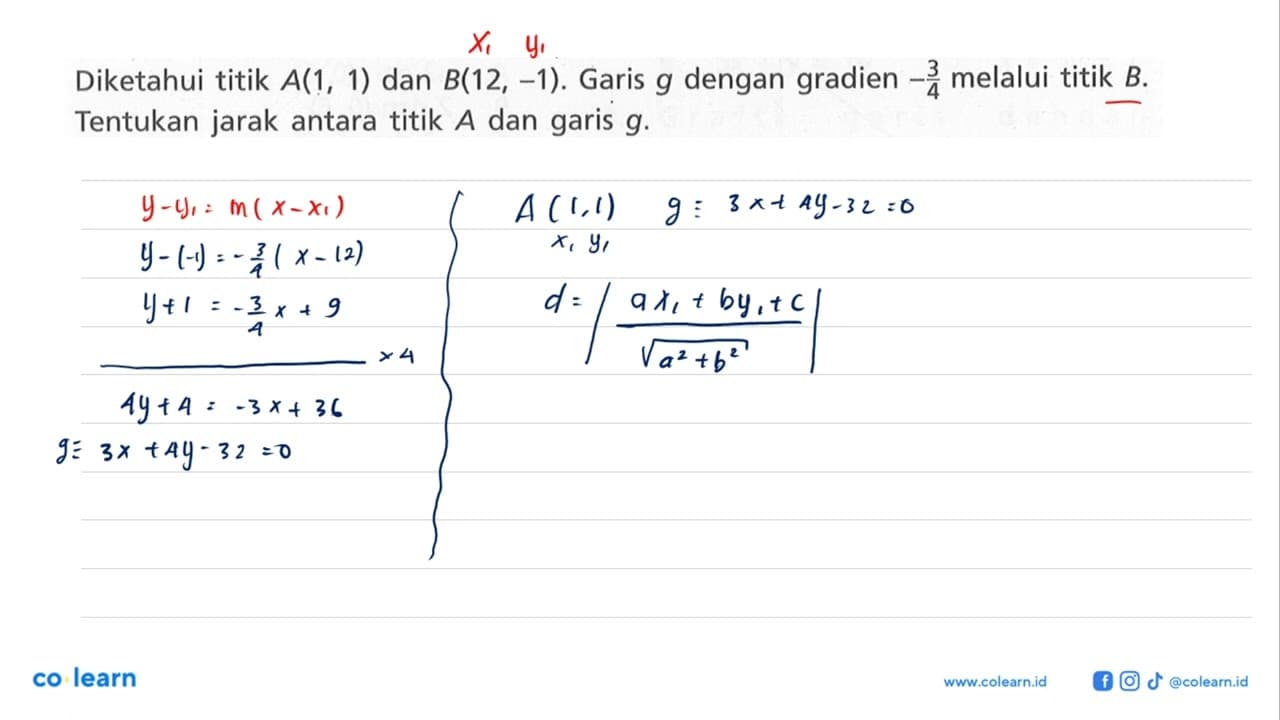 Diketahui titik A(1, 1) dan B(12, -1). Garis g dengan