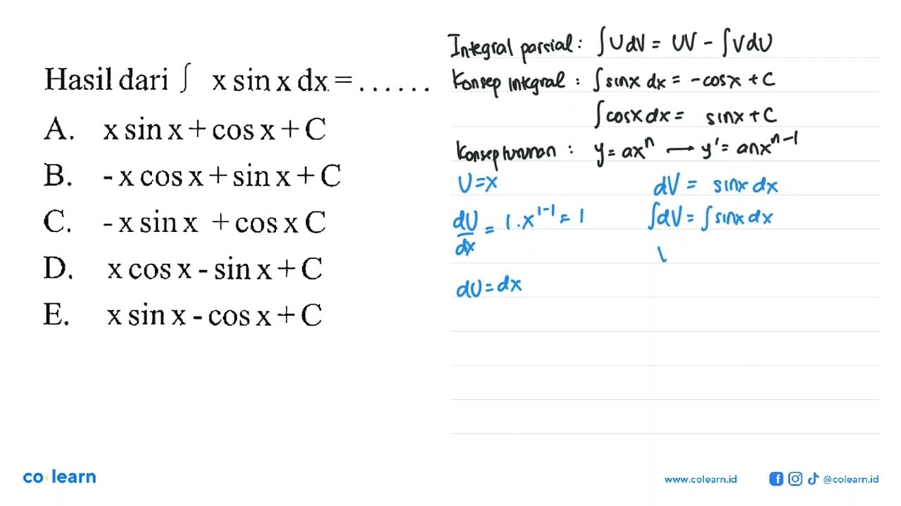 Hasil dari integral x sin x dx=...