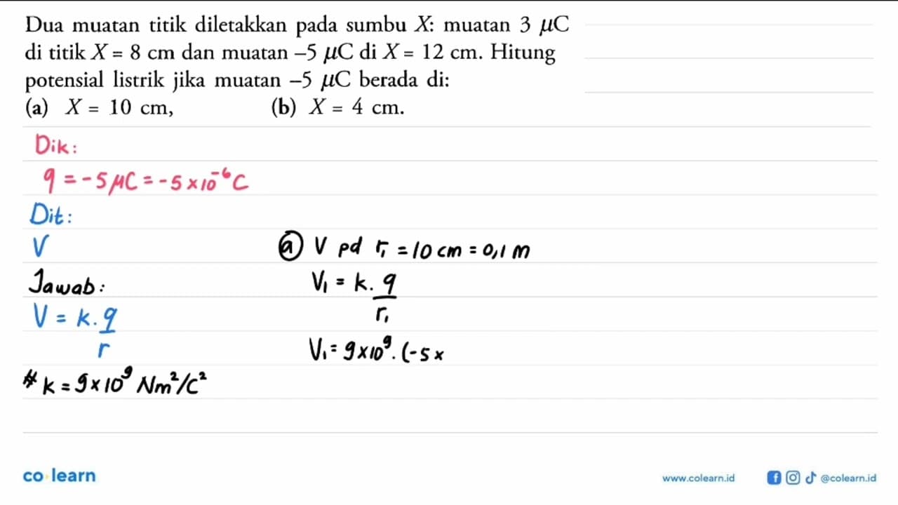 Dua muatan titik diletakkan pada sumbu X: muatan 3 mu C di