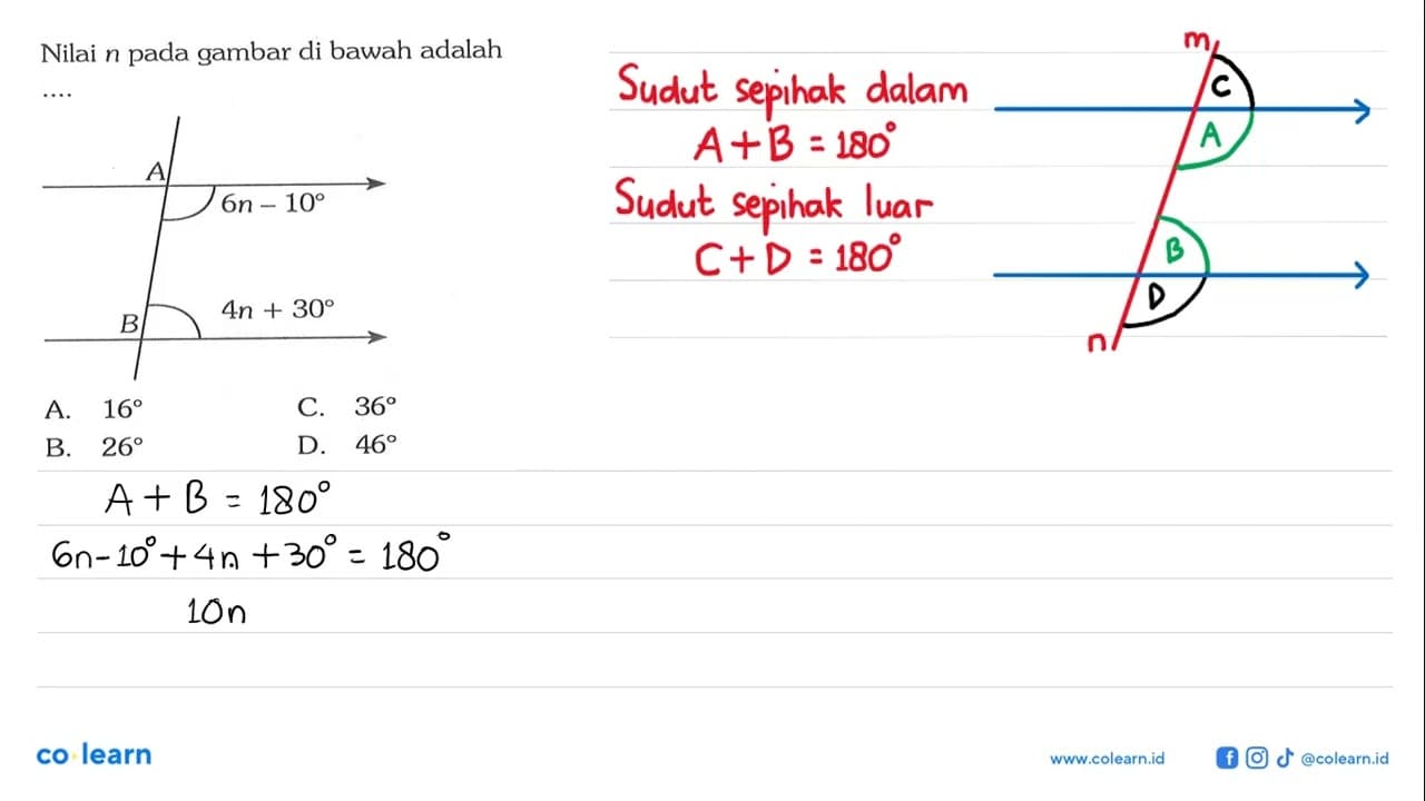 Nilai n pada gambar di bawah adalah .... A 6 n-10B 4n+30